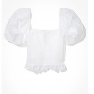 American Eagle AE Smocked Puff-Sleeved Square Neck‎ Blouse Top White Size Large